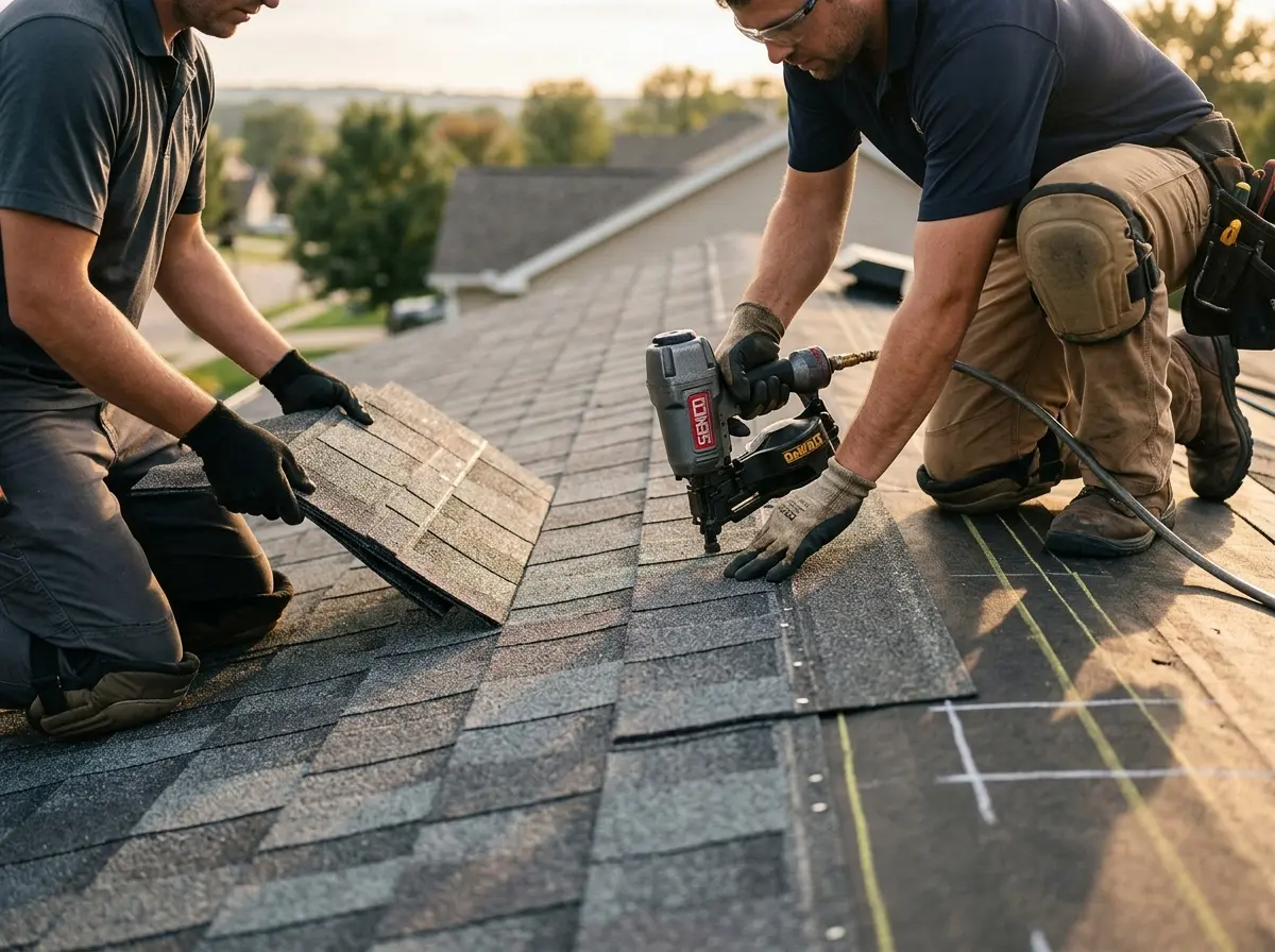 Professional roofer working on a residential roof in Oildale
